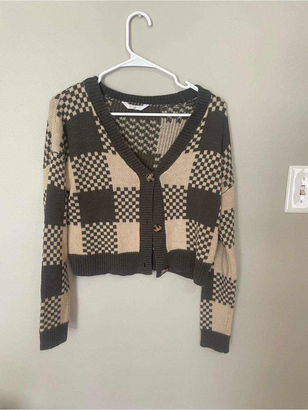 V-Neck Checker Knit Cardigan Sweater - Beige and Olive Green